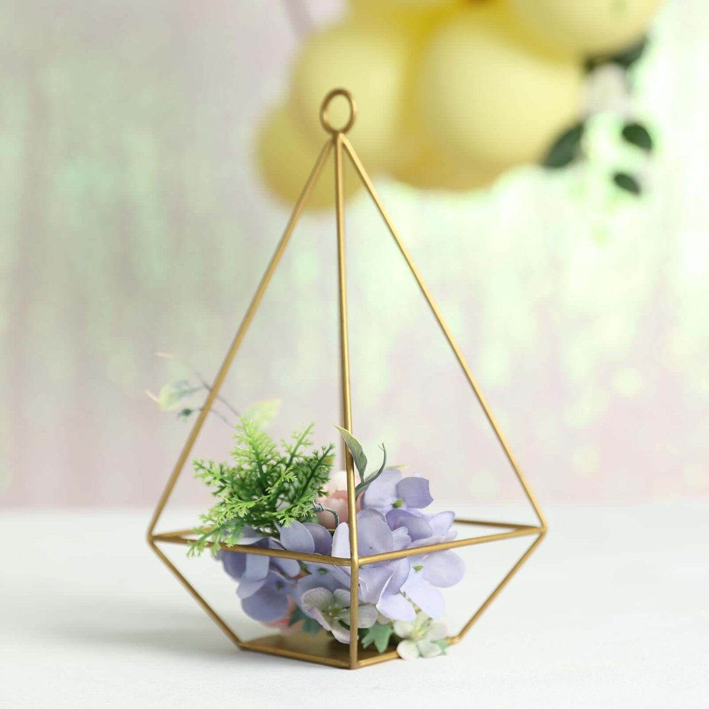 2 - Pack Tealight Candle Holders Gold Metal Pyramid Geometric Open Frame - Flower Stand 9" - Linen Luxes
