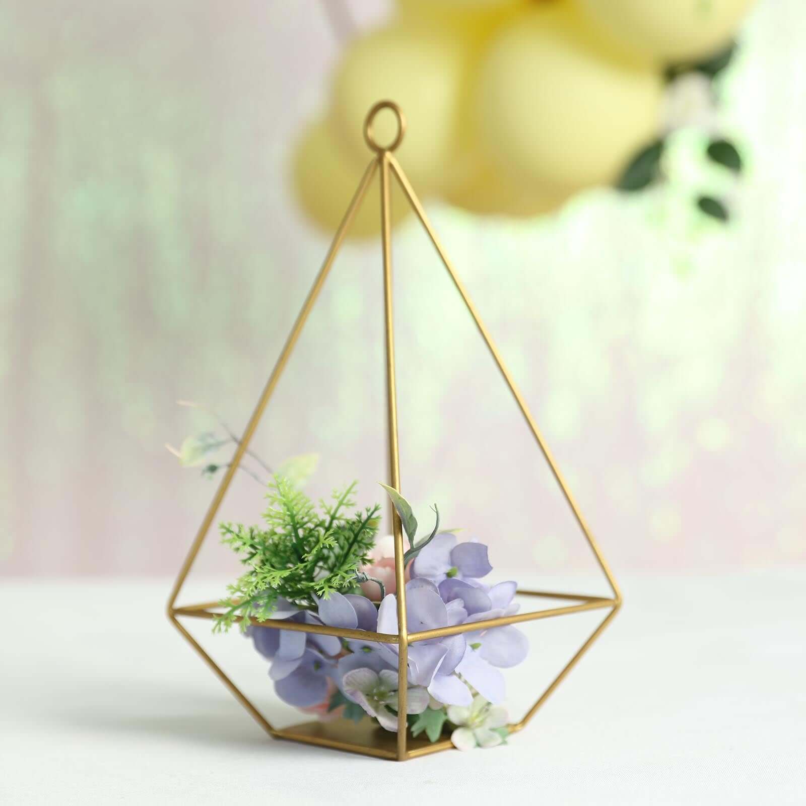 2 - Pack Tealight Candle Holders Gold Metal Pyramid Geometric Open Frame - Flower Stand 9" - Linen Luxes