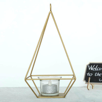 2 - Pack Tealight Candle Holders Gold Metal Pyramid Geometric Open Frame - Flower Stand 9" - Linen Luxes