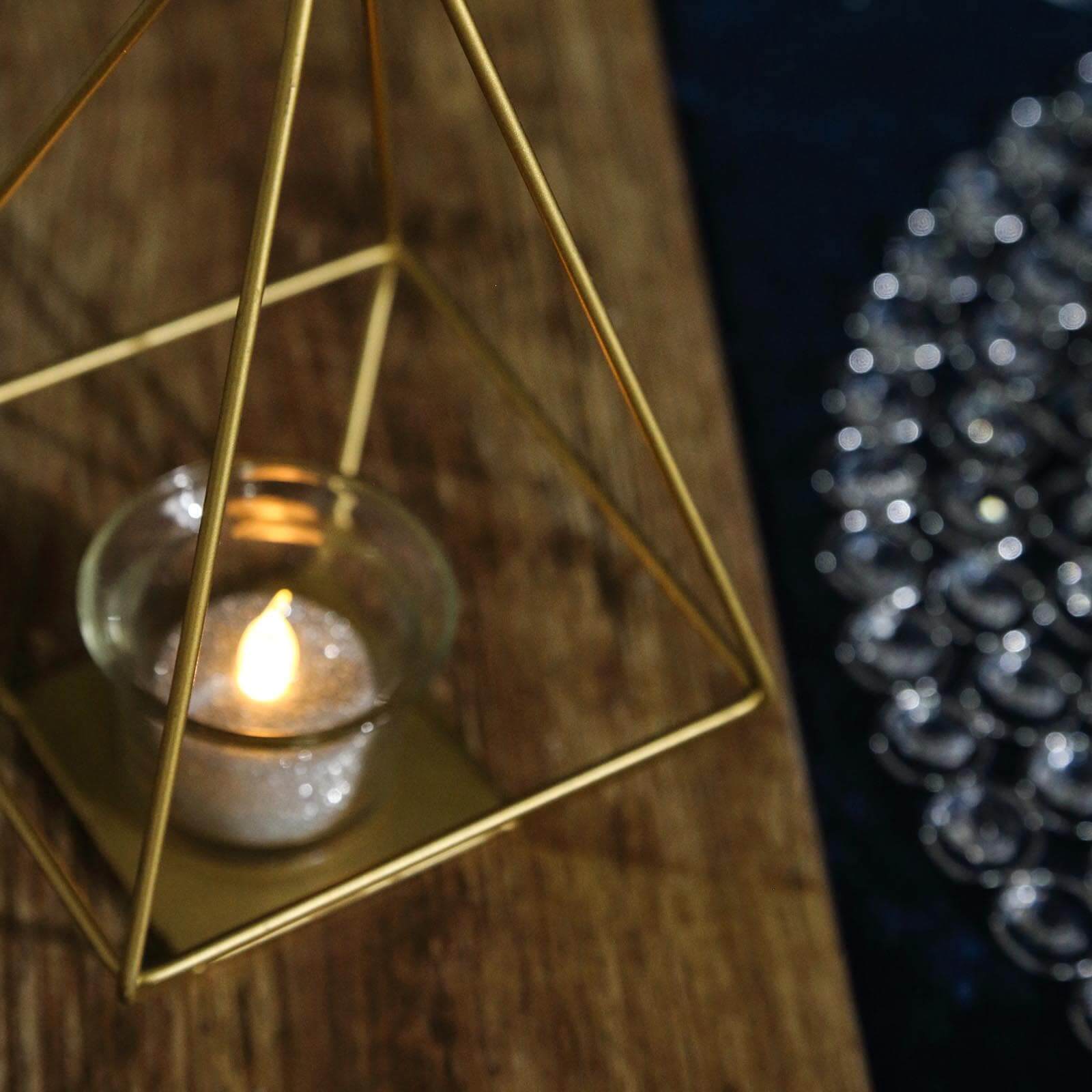 2 - Pack Tealight Candle Holders Gold Metal Pyramid Geometric Open Frame - Flower Stand 9" - Linen Luxes