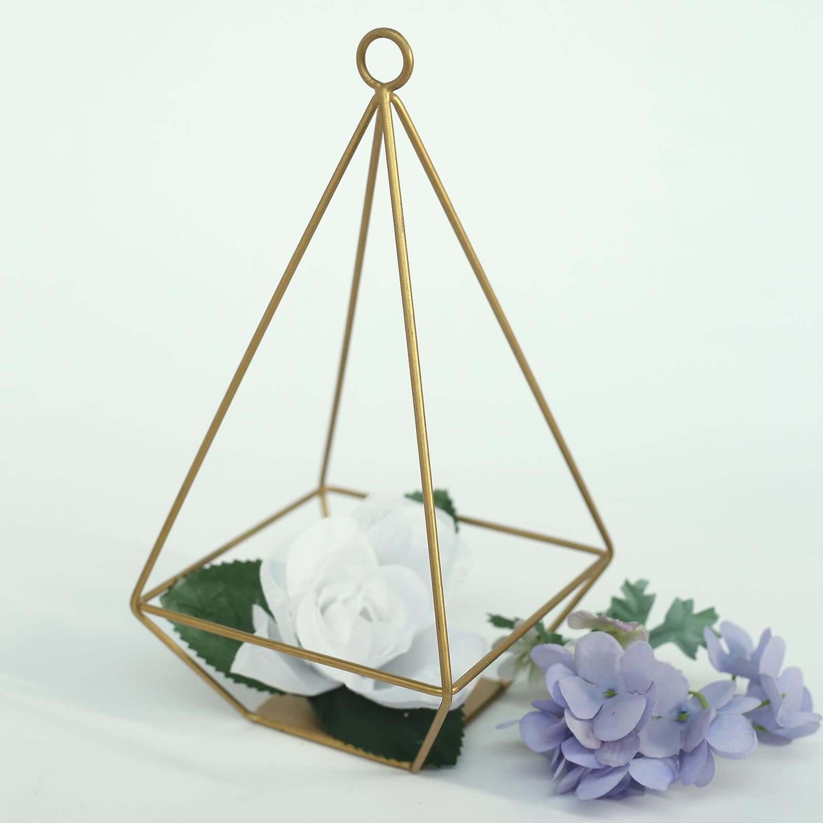 2 - Pack Tealight Candle Holders Gold Metal Pyramid Geometric Open Frame - Flower Stand 9" - Linen Luxes