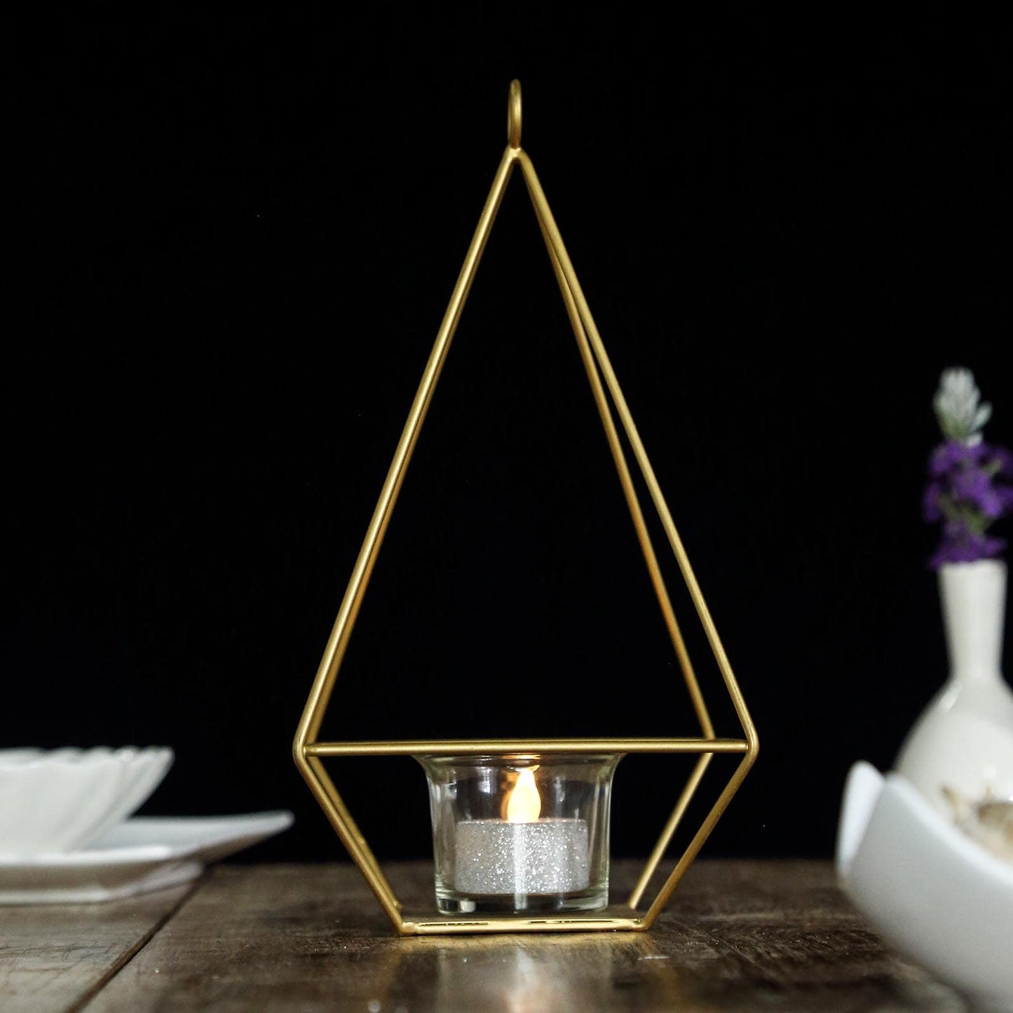 2 - Pack Tealight Candle Holders Gold Metal Pyramid Geometric Open Frame - Flower Stand 9" - Linen Luxes
