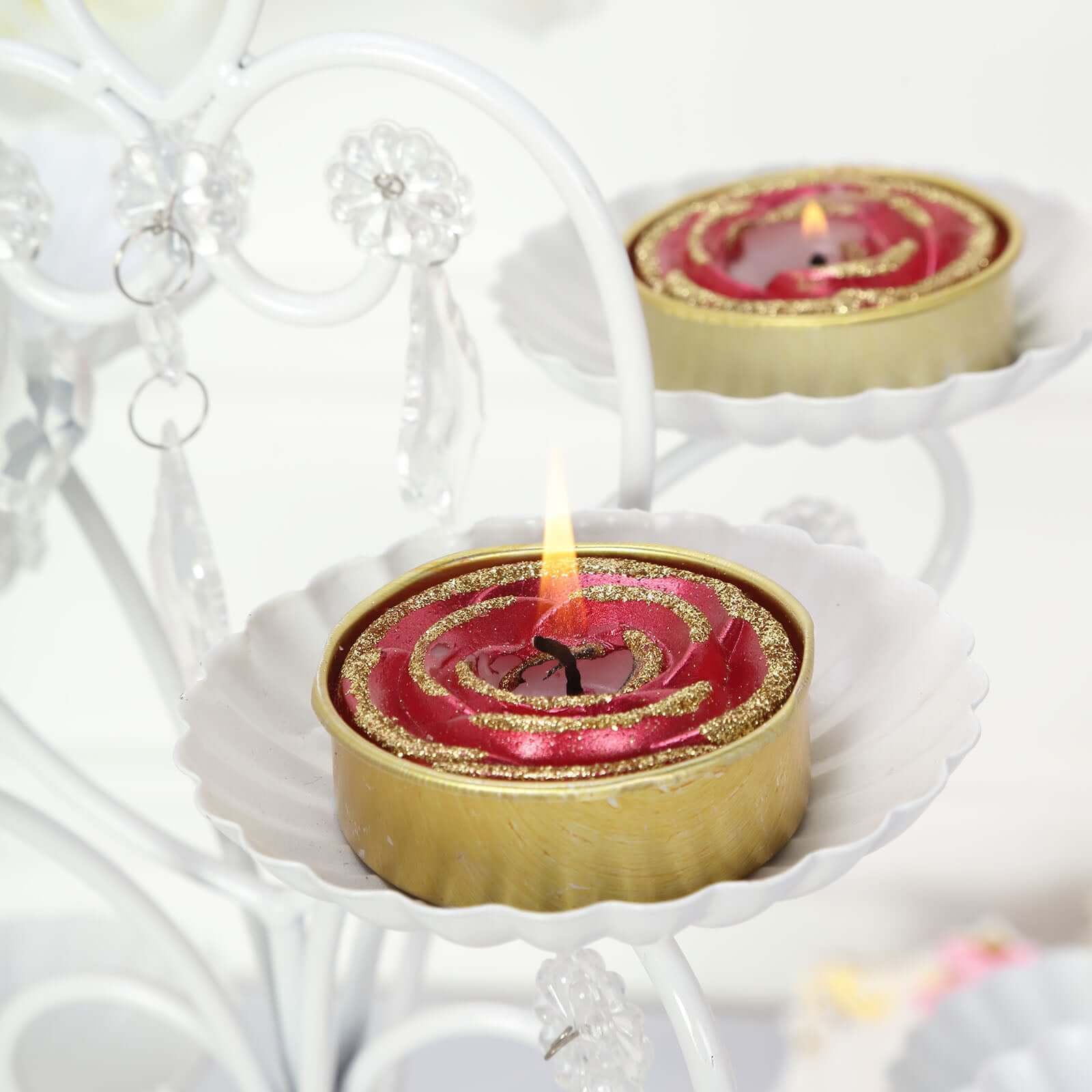 2 - Pack Tealight Candles Red/Gold Glitter Rose Design - Unscented Dripless Wax for Romantic Decor - Linen Luxes
