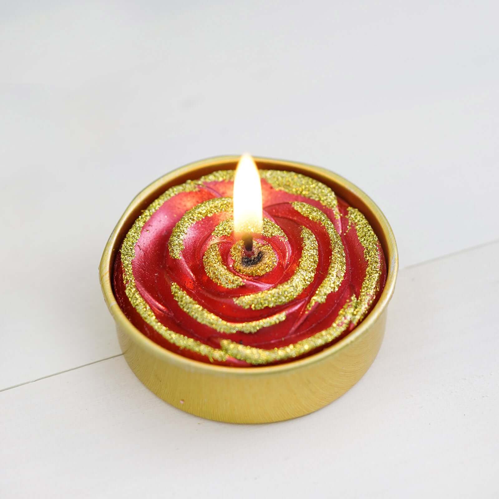 2 - Pack Tealight Candles Red/Gold Glitter Rose Design - Unscented Dripless Wax for Romantic Decor - Linen Luxes