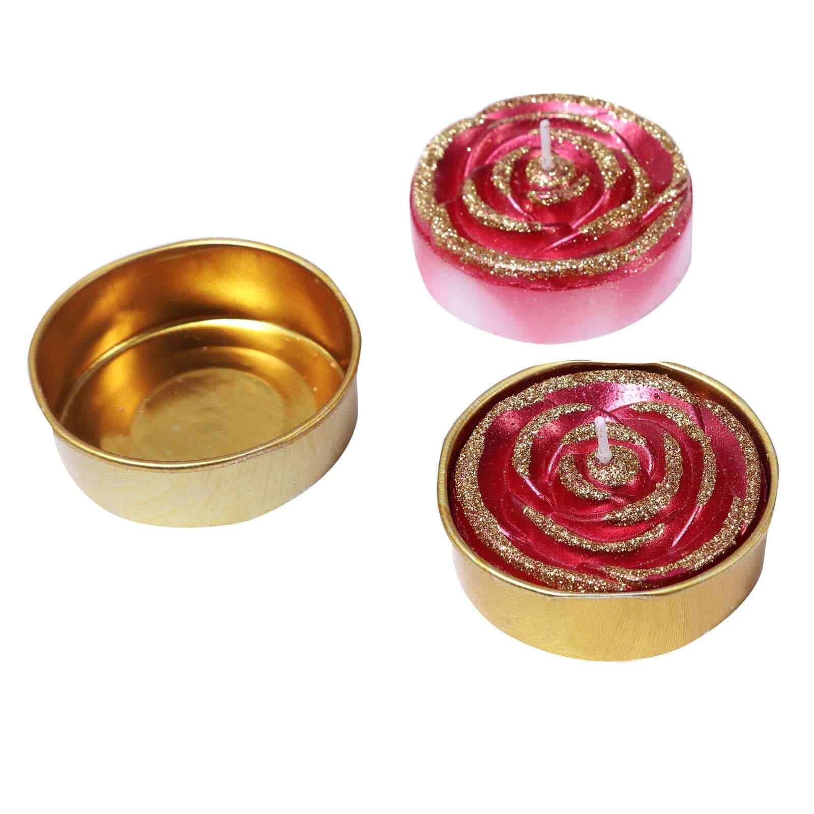 2 - Pack Tealight Candles Red/Gold Glitter Rose Design - Unscented Dripless Wax for Romantic Decor - Linen Luxes