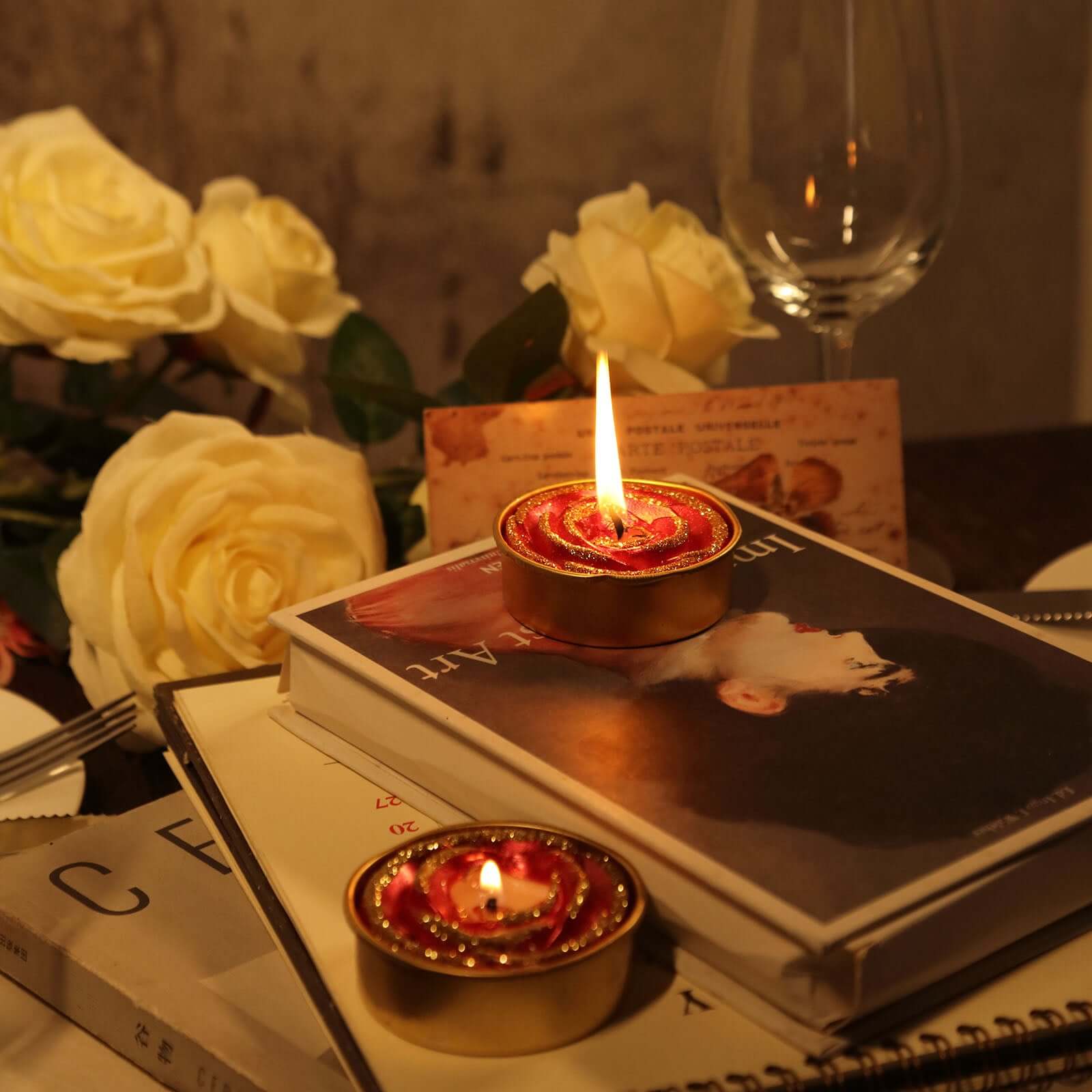 2 - Pack Tealight Candles Red/Gold Glitter Rose Design - Unscented Dripless Wax for Romantic Decor - Linen Luxes