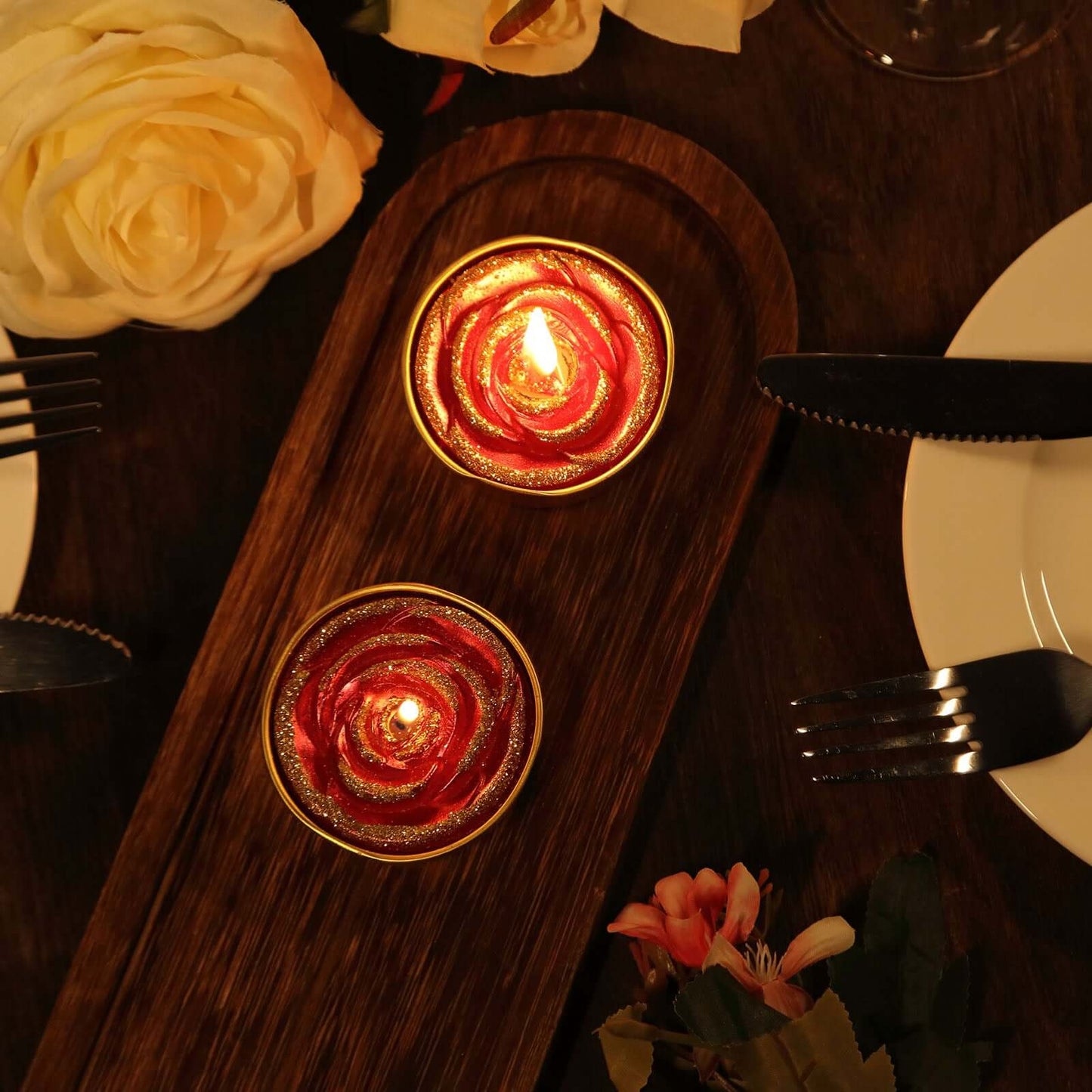 2 - Pack Tealight Candles Red/Gold Glitter Rose Design - Unscented Dripless Wax for Romantic Decor - Linen Luxes