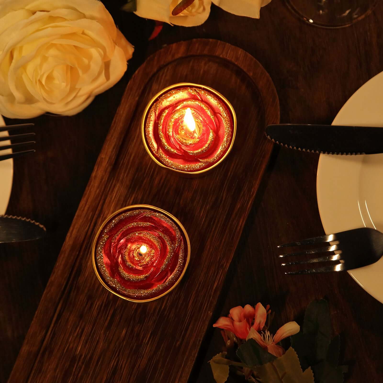 2 - Pack Tealight Candles Red/Gold Glitter Rose Design - Unscented Dripless Wax for Romantic Decor - Linen Luxes