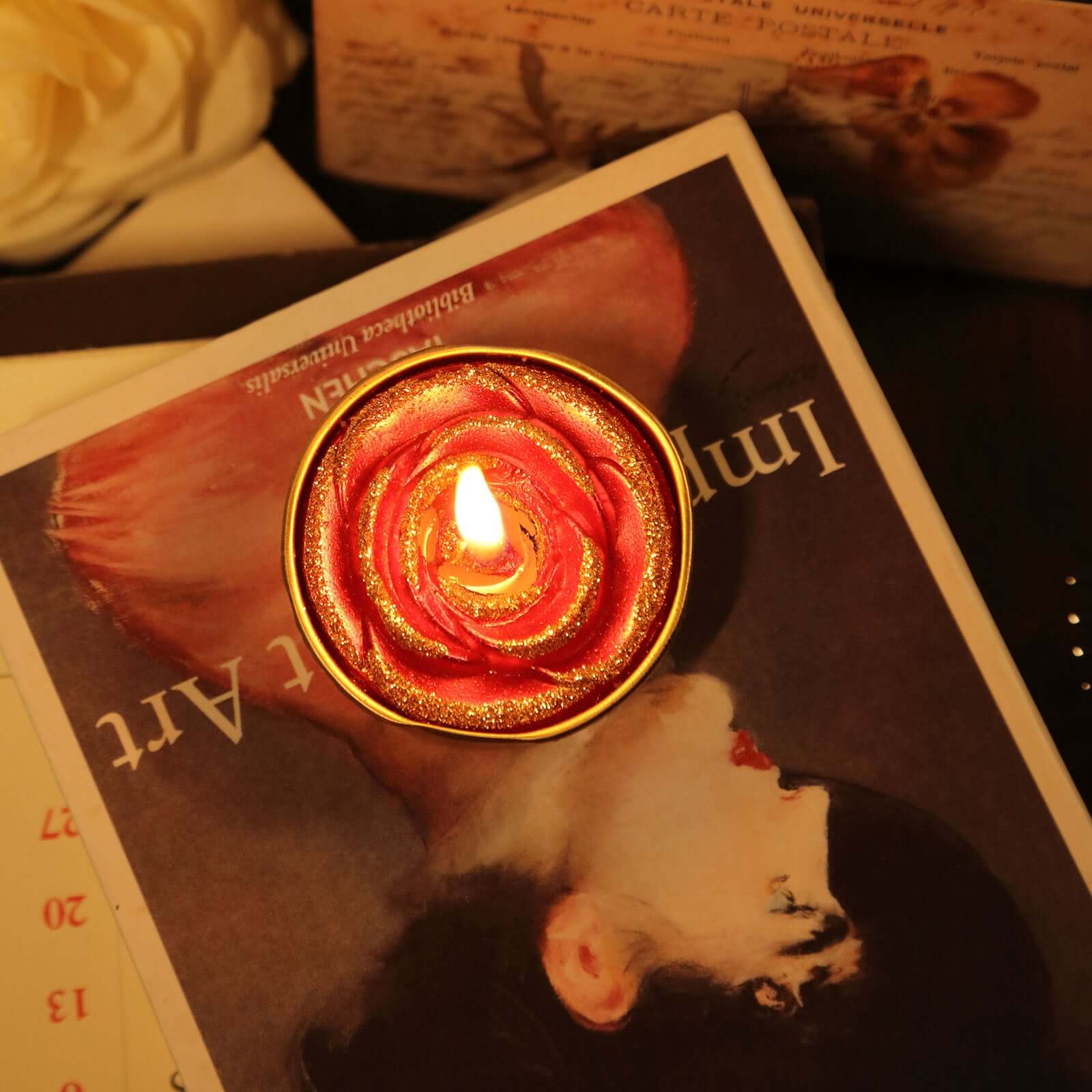 2 - Pack Tealight Candles Red/Gold Glitter Rose Design - Unscented Dripless Wax for Romantic Decor - Linen Luxes