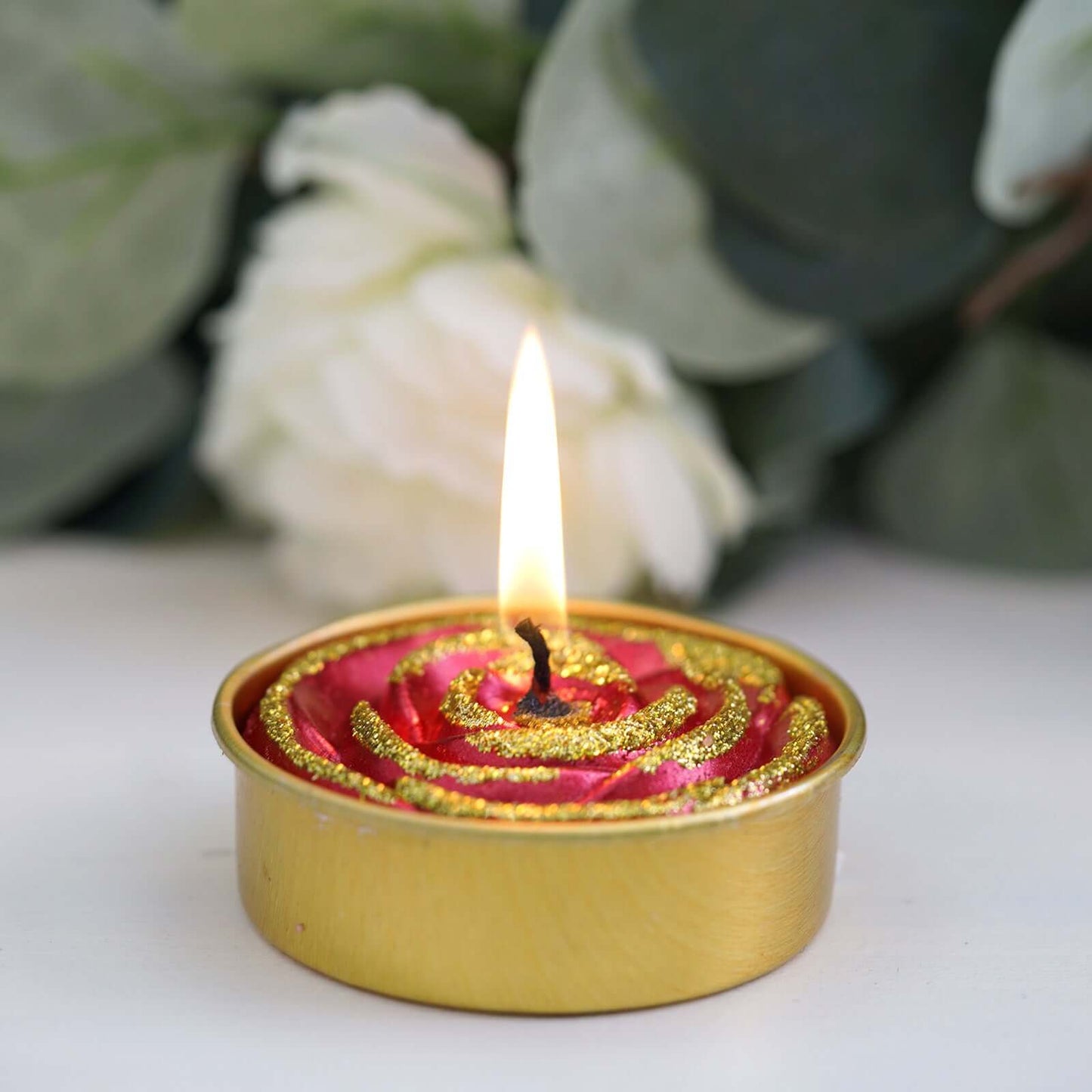 2 - Pack Tealight Candles Red/Gold Glitter Rose Design - Unscented Dripless Wax for Romantic Decor - Linen Luxes