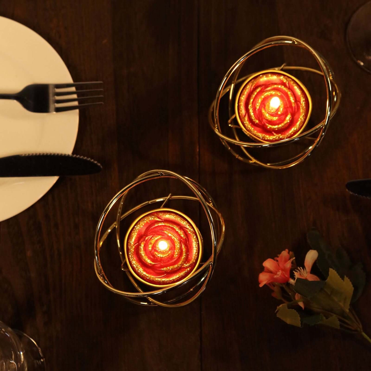 2 - Pack Tealight Candles Red/Gold Glitter Rose Design - Unscented Dripless Wax for Romantic Decor - Linen Luxes