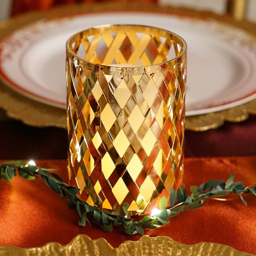 2 - Pack Votive Candle Holders Gold Metal Diamond Cut Geometric Design - Perfect for Home DÃ©cor and Events 4" - Linen Luxes