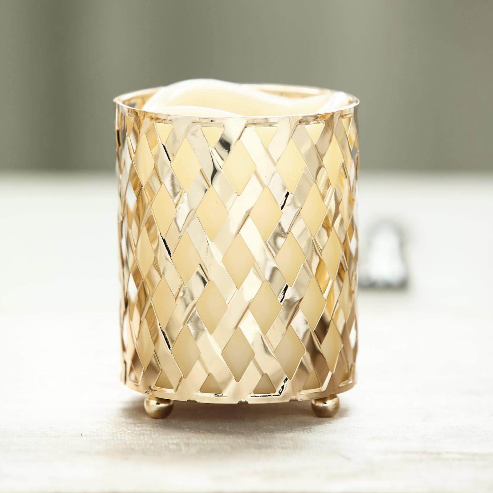 2 - Pack Votive Candle Holders Gold Metal Diamond Cut Geometric Design - Perfect for Home DÃ©cor and Events 4" - Linen Luxes