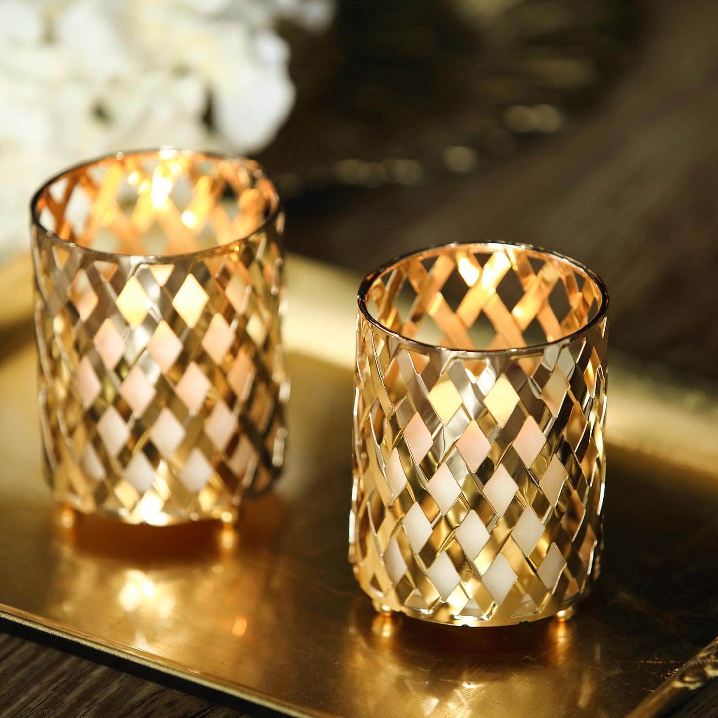 2 - Pack Votive Candle Holders Gold Metal Diamond Cut Geometric Design - Perfect for Home DÃ©cor and Events 4" - Linen Luxes
