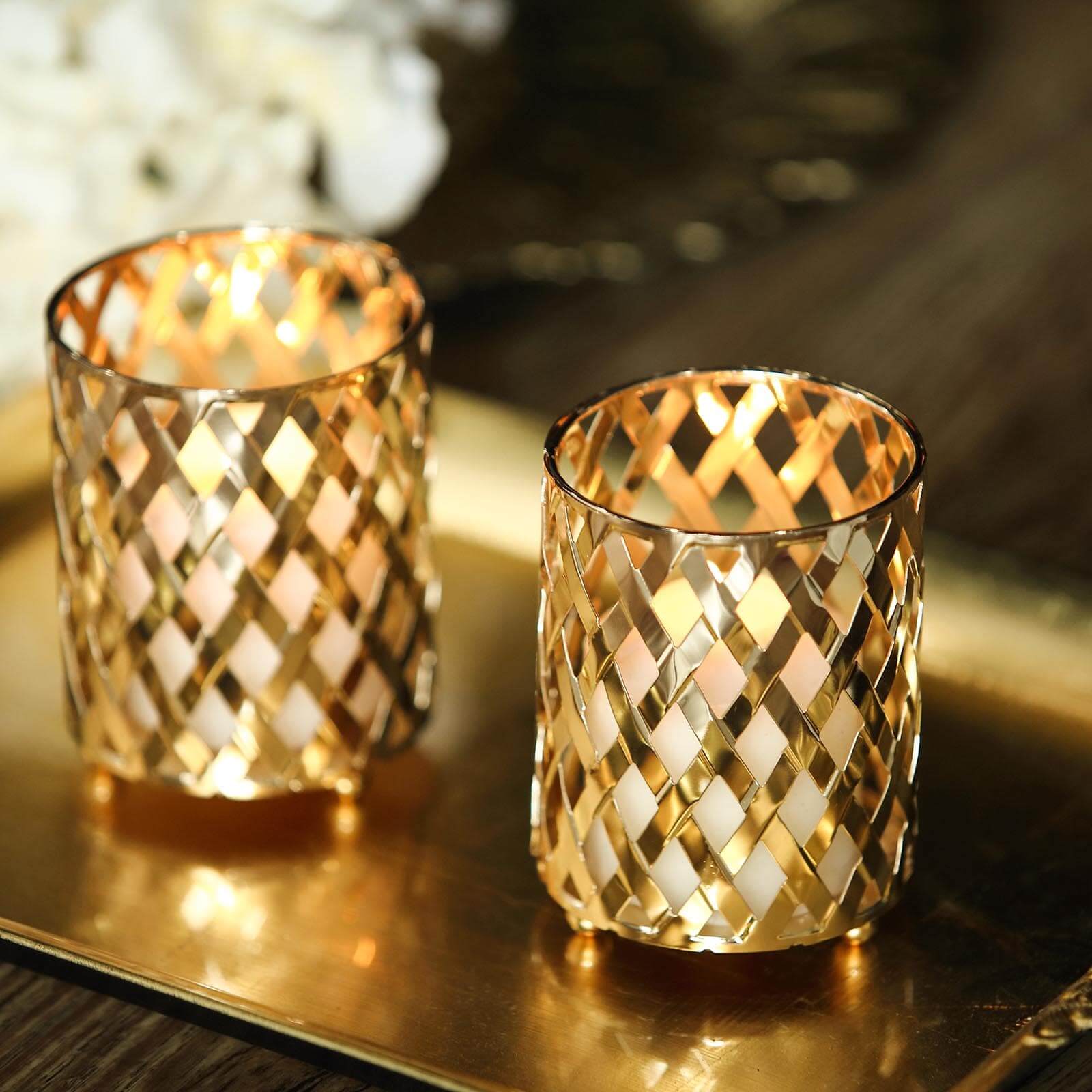 2 - Pack Votive Candle Holders Gold Metal Diamond Cut Geometric Design - Perfect for Home DÃ©cor and Events 4" - Linen Luxes