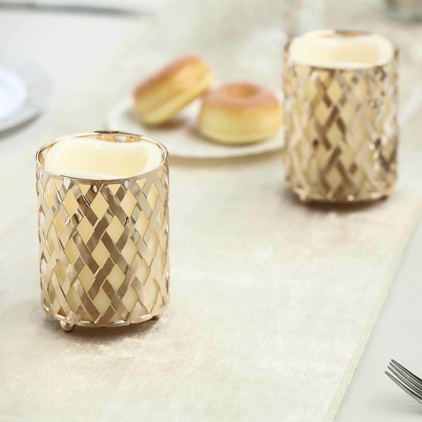 2 - Pack Votive Candle Holders Gold Metal Diamond Cut Geometric Design - Perfect for Home DÃ©cor and Events 4" - Linen Luxes