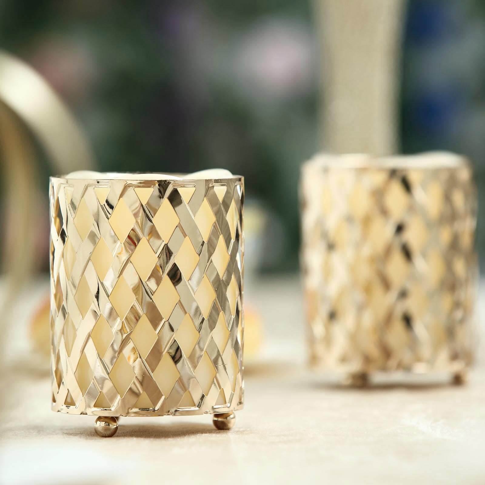 2 - Pack Votive Candle Holders Gold Metal Diamond Cut Geometric Design - Perfect for Home DÃ©cor and Events 4" - Linen Luxes