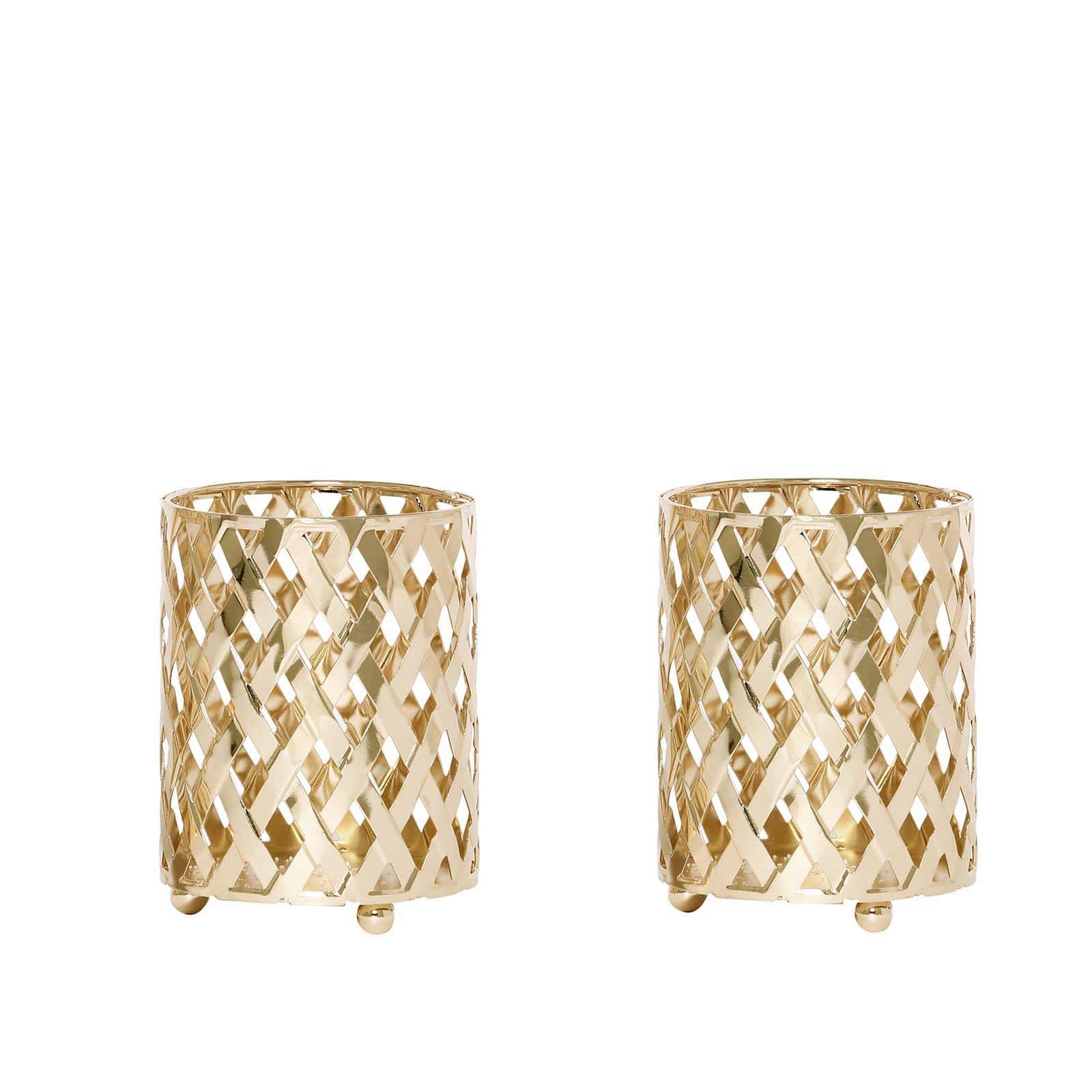 2 - Pack Votive Candle Holders Gold Metal Diamond Cut Geometric Design - Perfect for Home DÃ©cor and Events 4" - Linen Luxes