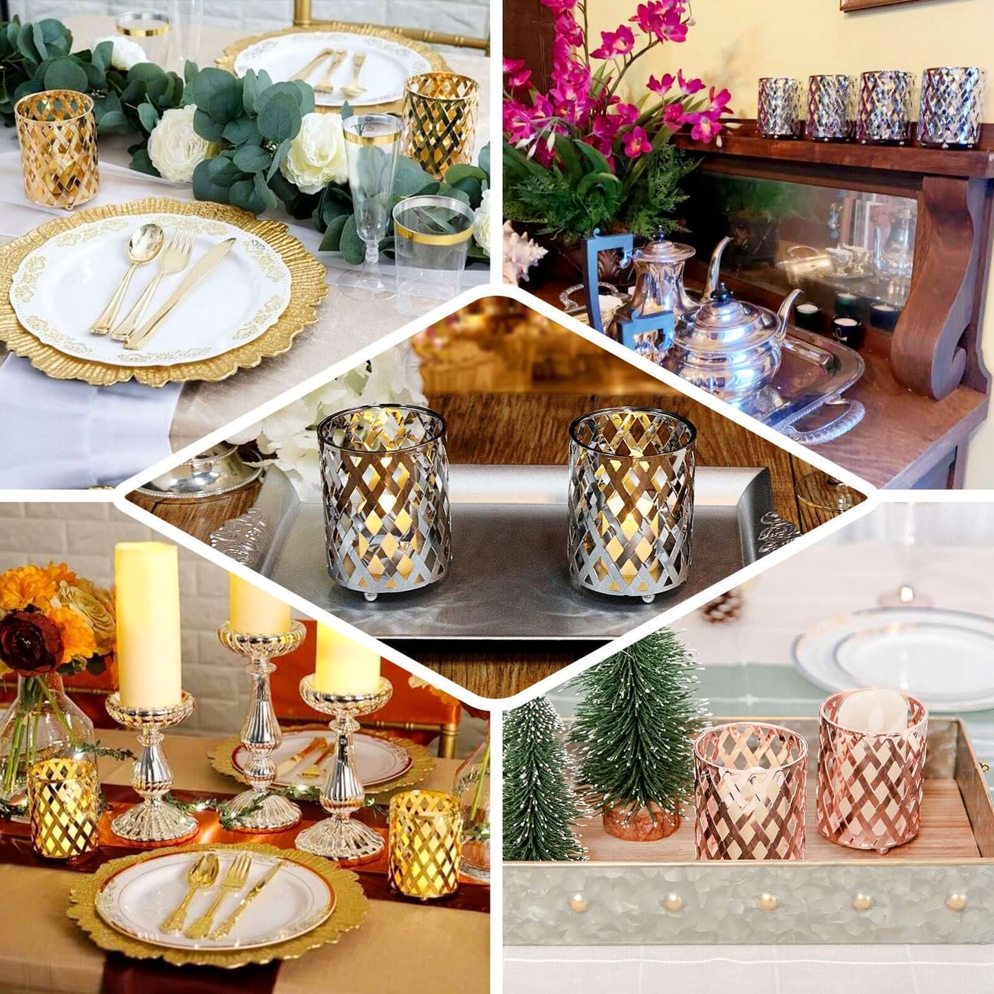 2 - Pack Votive Candle Holders Gold Metal Diamond Cut Geometric Design - Perfect for Home DÃ©cor and Events 4" - Linen Luxes