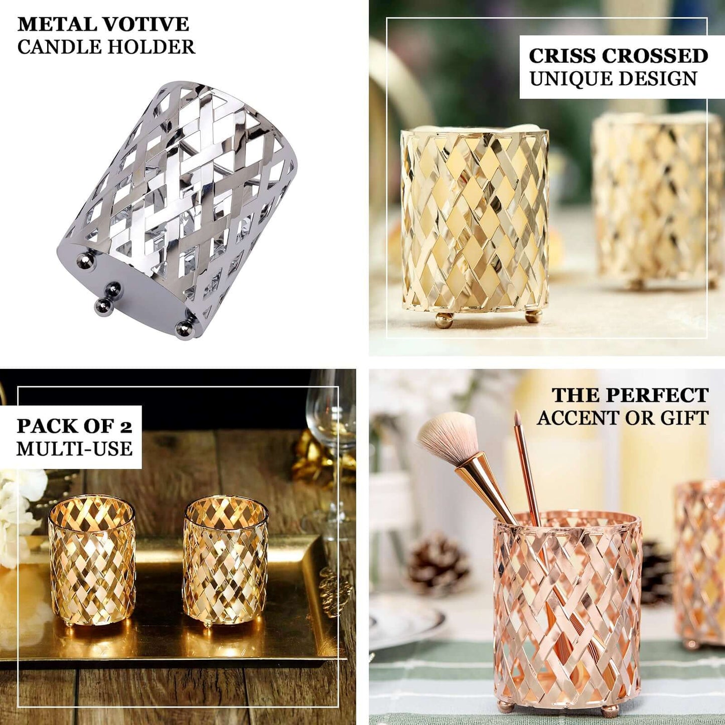 2 - Pack Votive Candle Holders Gold Metal Diamond Cut Geometric Design - Perfect for Home DÃ©cor and Events 4" - Linen Luxes
