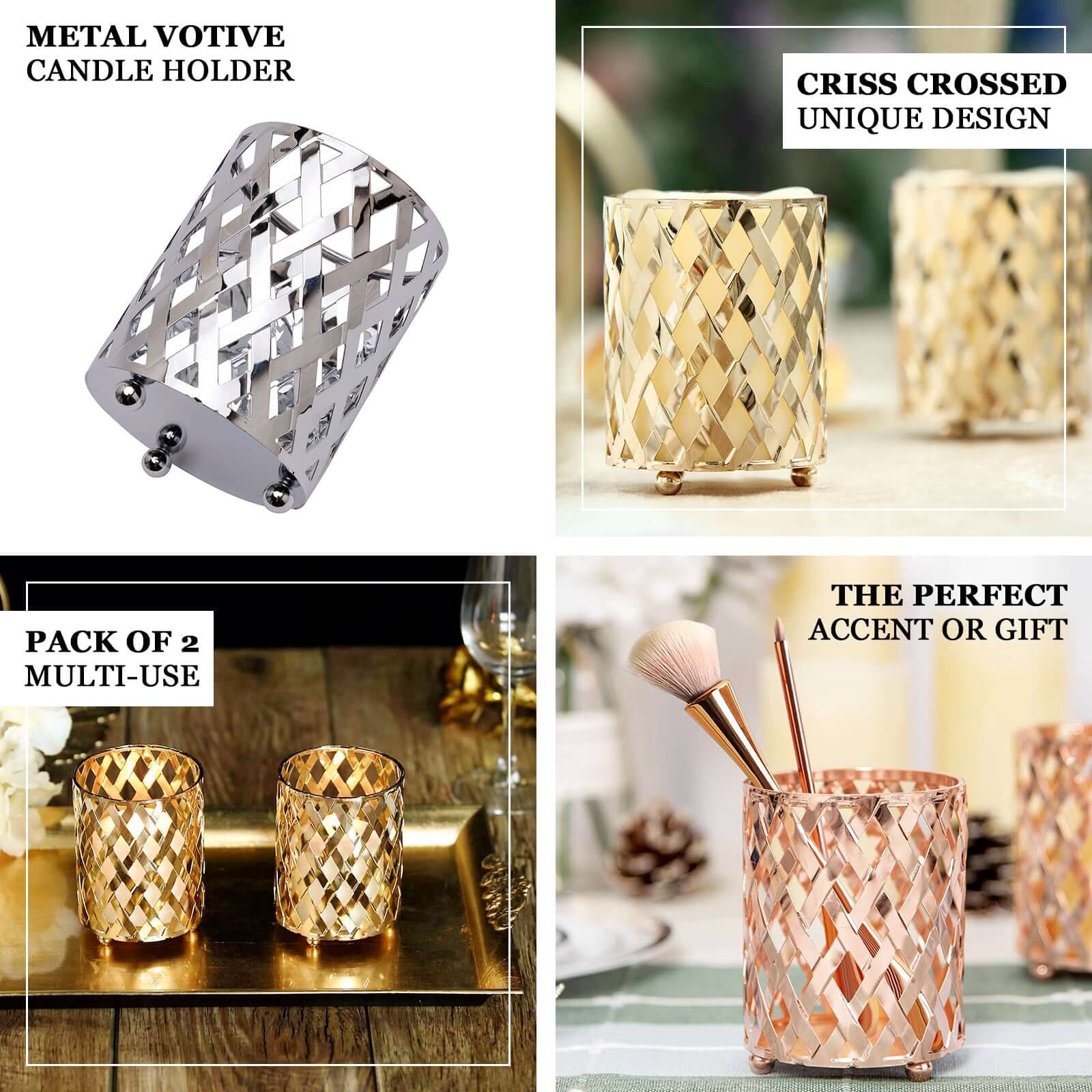 2 - Pack Votive Candle Holders Gold Metal Diamond Cut Geometric Design - Perfect for Home DÃ©cor and Events 4" - Linen Luxes