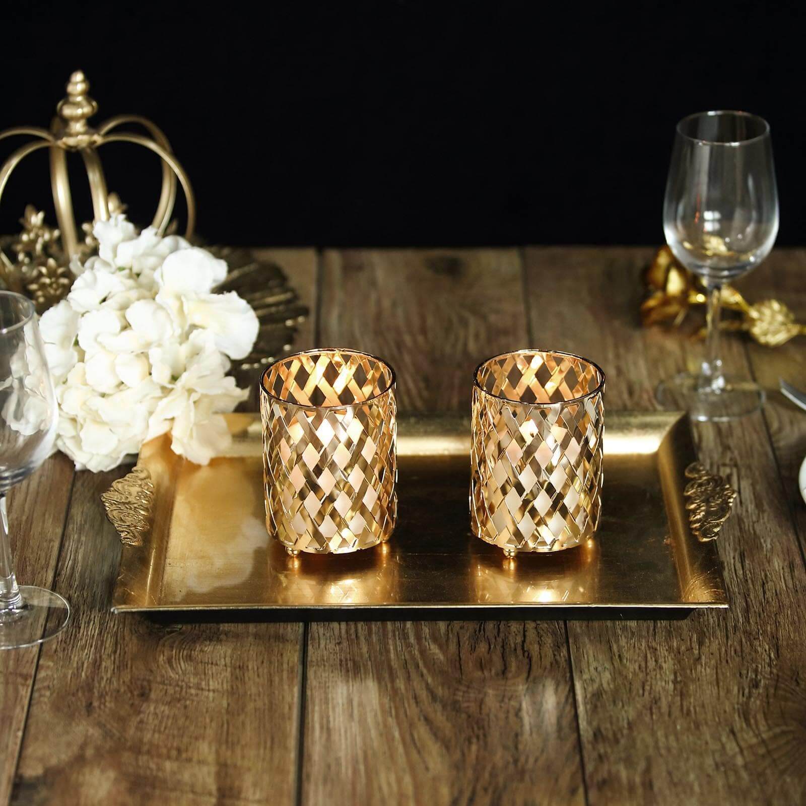 2 - Pack Votive Candle Holders Gold Metal Diamond Cut Geometric Design - Perfect for Home DÃ©cor and Events 4" - Linen Luxes