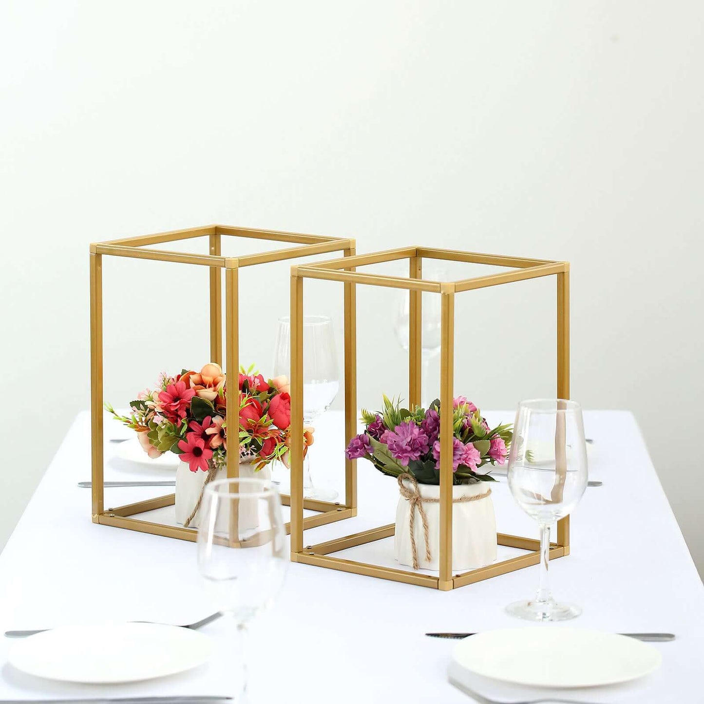 2 - Pack Wedding Flower Stand Gold Metal Geometric Column Frame Rectangular - Versatile Floral Pedestal for Sophisticated Arrangements 12" - Linen Luxes