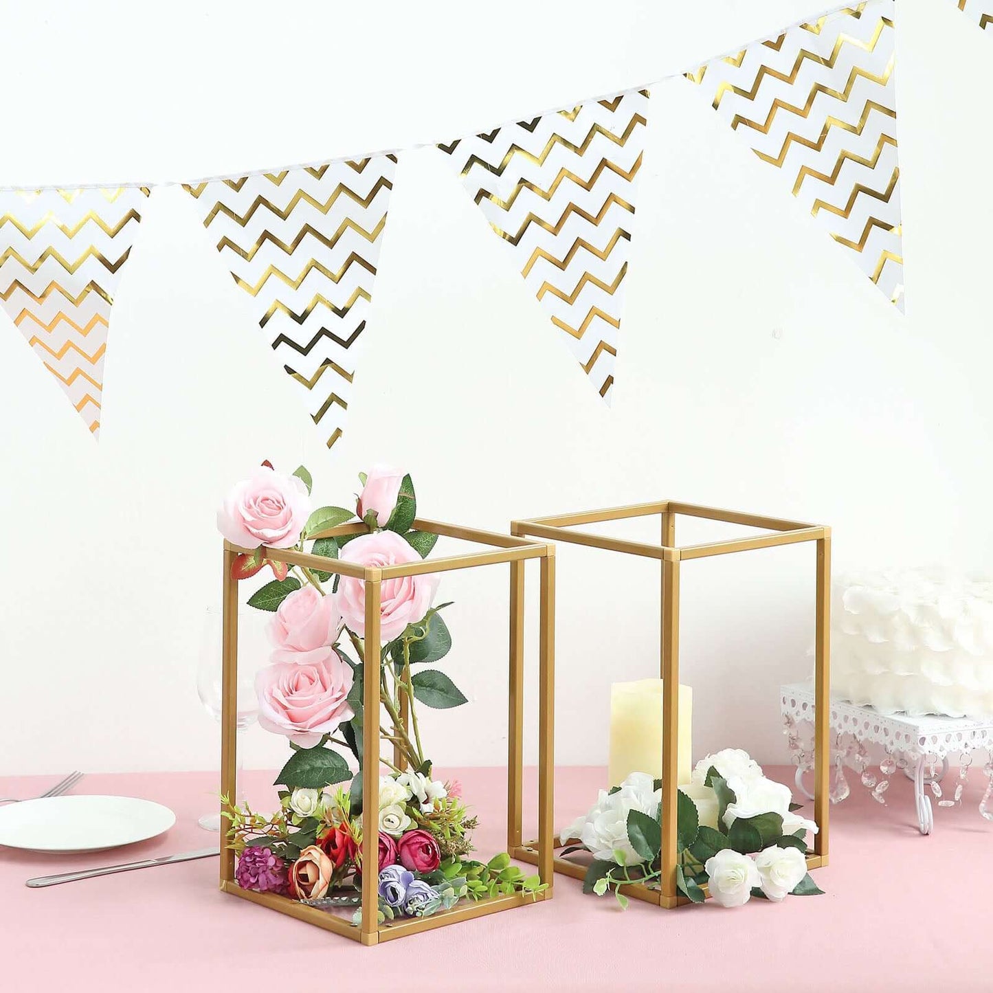 2 - Pack Wedding Flower Stand Gold Metal Geometric Column Frame Rectangular - Versatile Floral Pedestal for Sophisticated Arrangements 12" - Linen Luxes