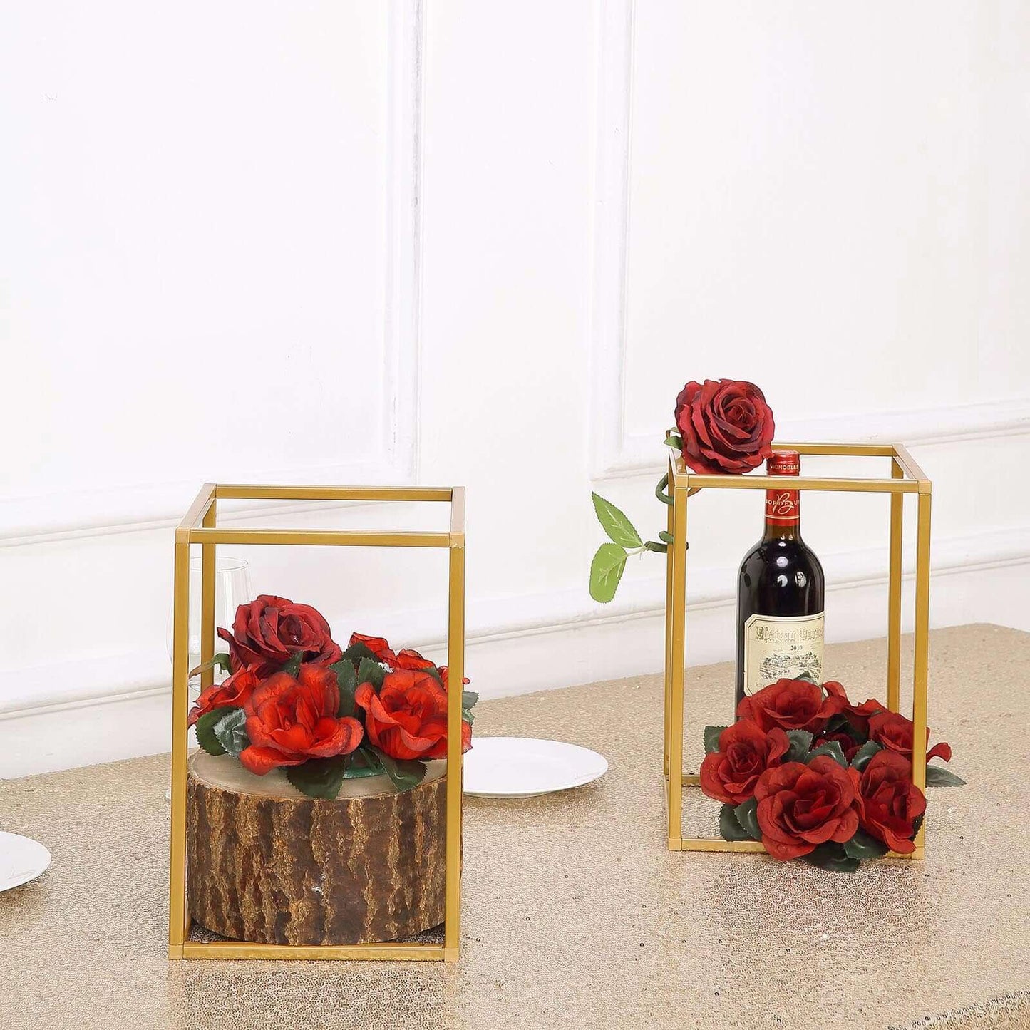 2 - Pack Wedding Flower Stand Gold Metal Geometric Column Frame Rectangular - Versatile Floral Pedestal for Sophisticated Arrangements 12" - Linen Luxes