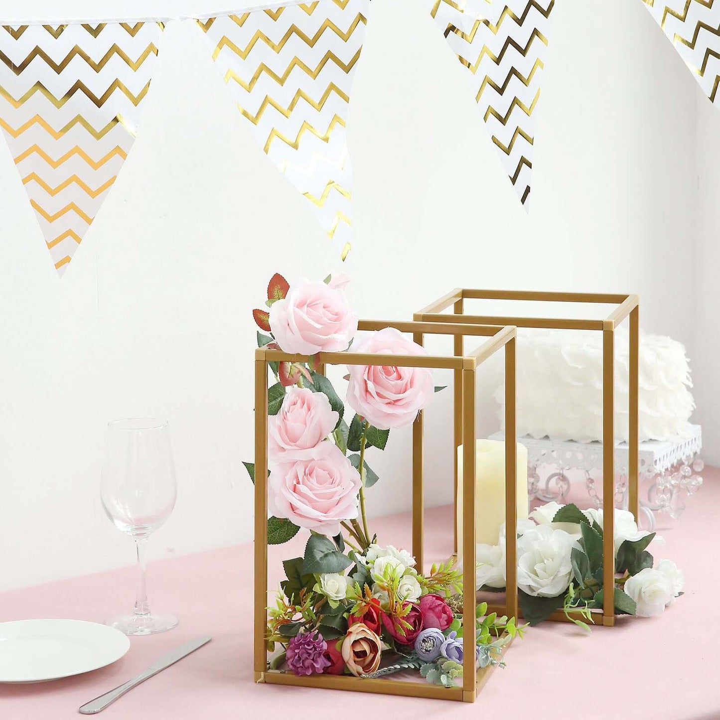 2 - Pack Wedding Flower Stand Gold Metal Geometric Column Frame Rectangular - Versatile Floral Pedestal for Sophisticated Arrangements 12" - Linen Luxes