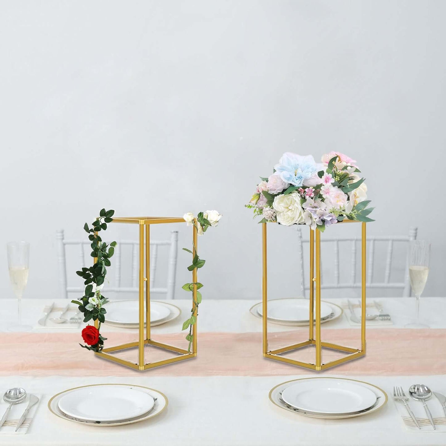 2 - Pack Wedding Flower Stand Gold Metal Geometric Column Frame Rectangular - Versatile Floral Pedestal for Sophisticated Arrangements 12" - Linen Luxes