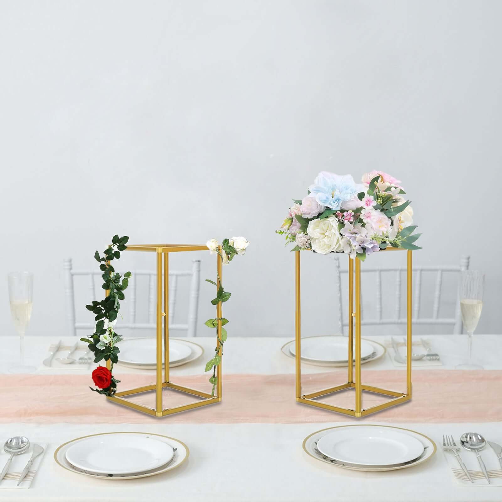 2 - Pack Wedding Flower Stand Gold Metal Geometric Column Frame Rectangular - Versatile Floral Pedestal for Sophisticated Arrangements 12" - Linen Luxes
