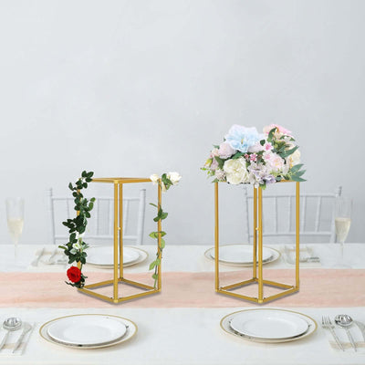 2 - Pack Wedding Flower Stand Gold Metal Geometric Column Frame Rectangular - Versatile Floral Pedestal for Sophisticated Arrangements 12" - Linen Luxes