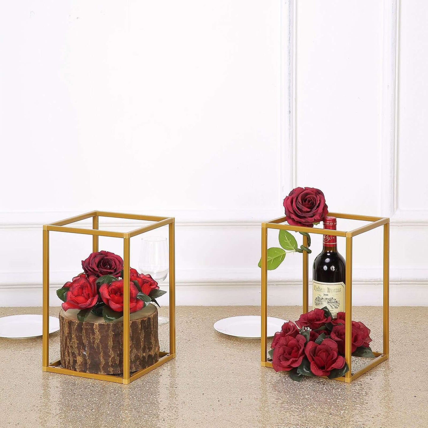 2 - Pack Wedding Flower Stand Gold Metal Geometric Column Frame Rectangular - Versatile Floral Pedestal for Sophisticated Arrangements 12" - Linen Luxes