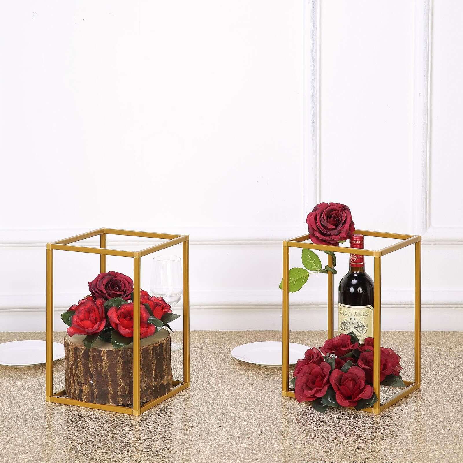 2 - Pack Wedding Flower Stand Gold Metal Geometric Column Frame Rectangular - Versatile Floral Pedestal for Sophisticated Arrangements 12" - Linen Luxes