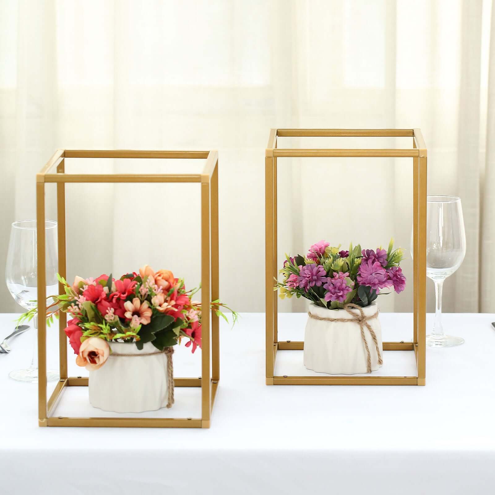 2 - Pack Wedding Flower Stand Gold Metal Geometric Column Frame Rectangular - Versatile Floral Pedestal for Sophisticated Arrangements 12" - Linen Luxes
