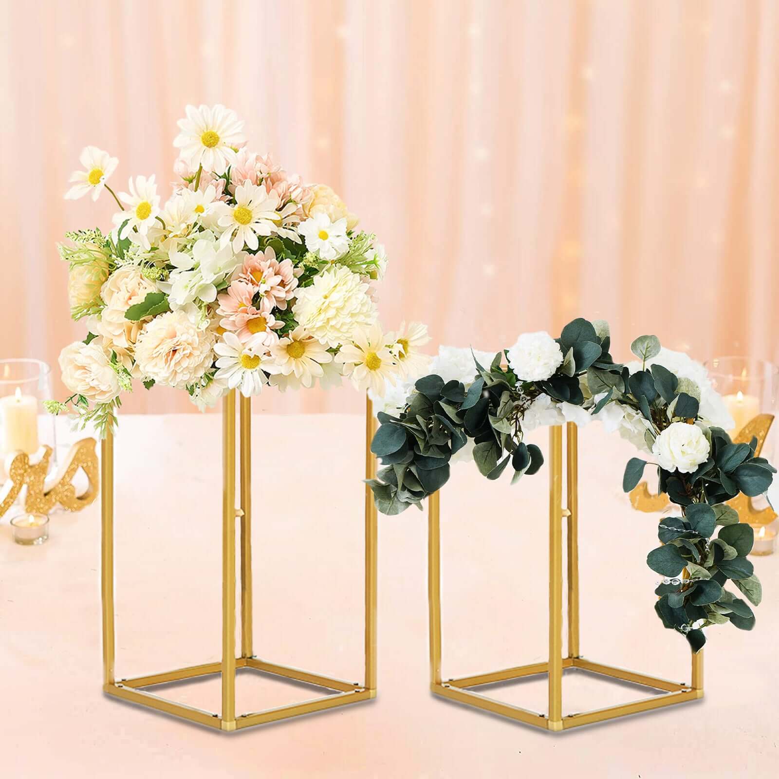 2 - Pack Wedding Flower Stand Gold Metal Geometric Column Frame Rectangular - Versatile Floral Pedestal for Sophisticated Arrangements 12" - Linen Luxes