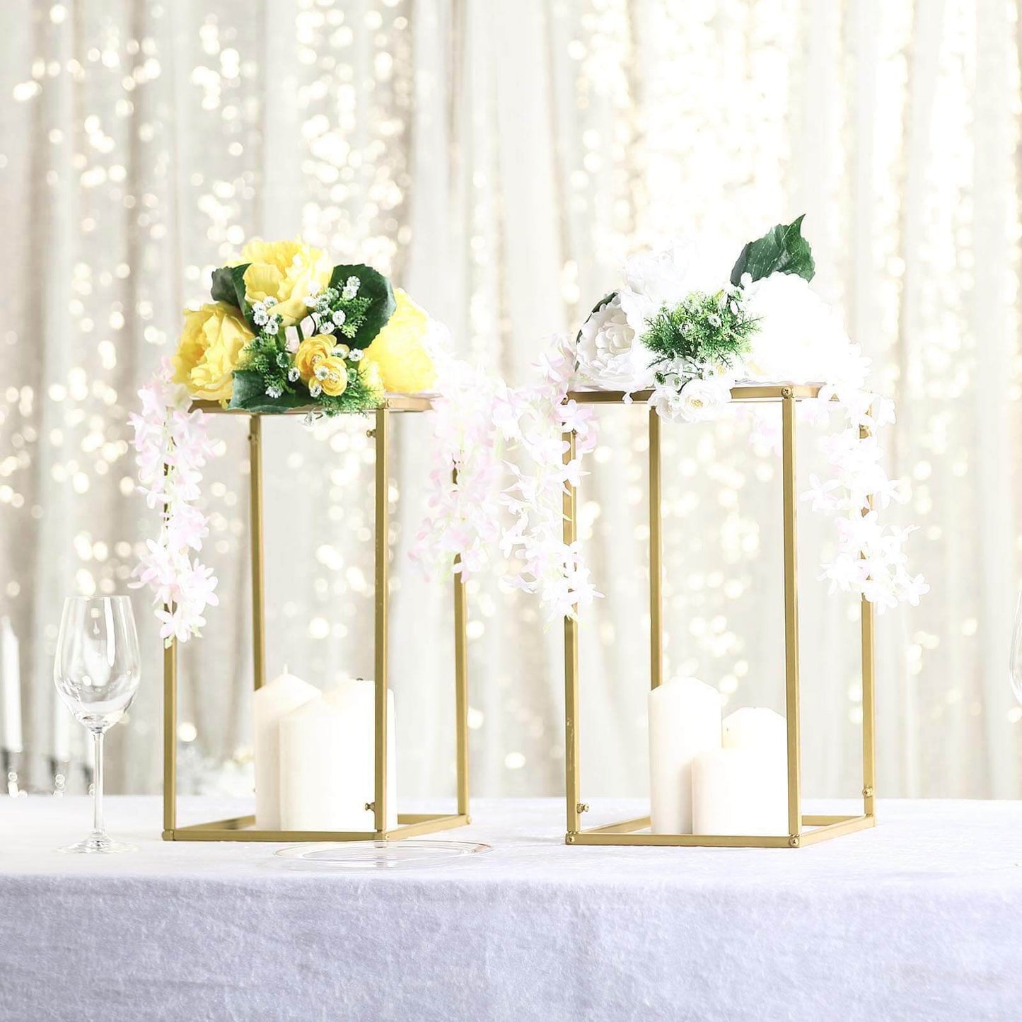 2 - Pack Wedding Flower Stand Gold Metal Geometric Column Frame Rectangular - Versatile Floral Pedestal for Sophisticated Arrangements 16" - Linen Luxes