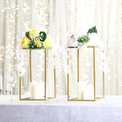 2 - Pack Wedding Flower Stand Gold Metal Geometric Column Frame Rectangular - Versatile Floral Pedestal for Sophisticated Arrangements 16" - Linen Luxes