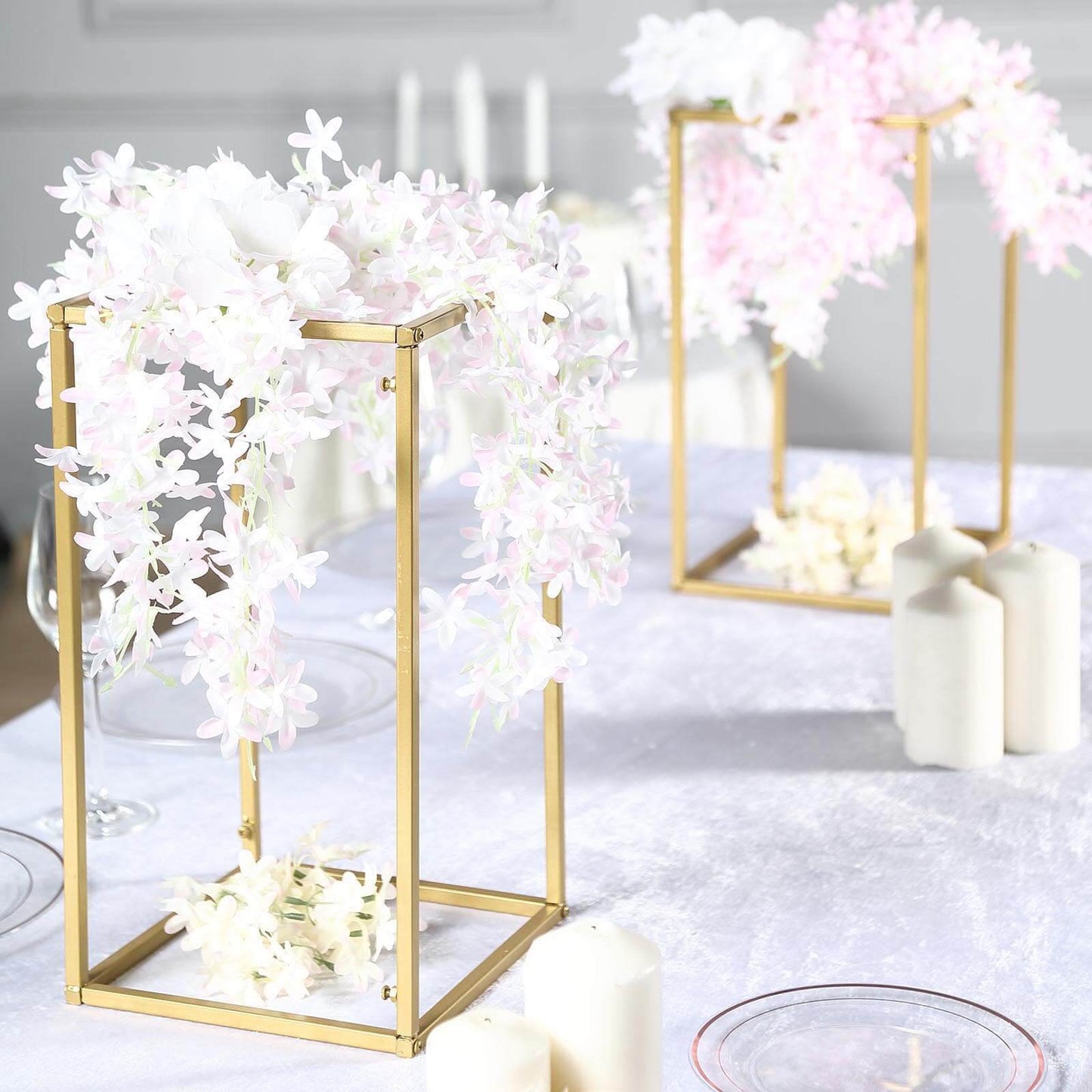 2 - Pack Wedding Flower Stand Gold Metal Geometric Column Frame Rectangular - Versatile Floral Pedestal for Sophisticated Arrangements 16" - Linen Luxes
