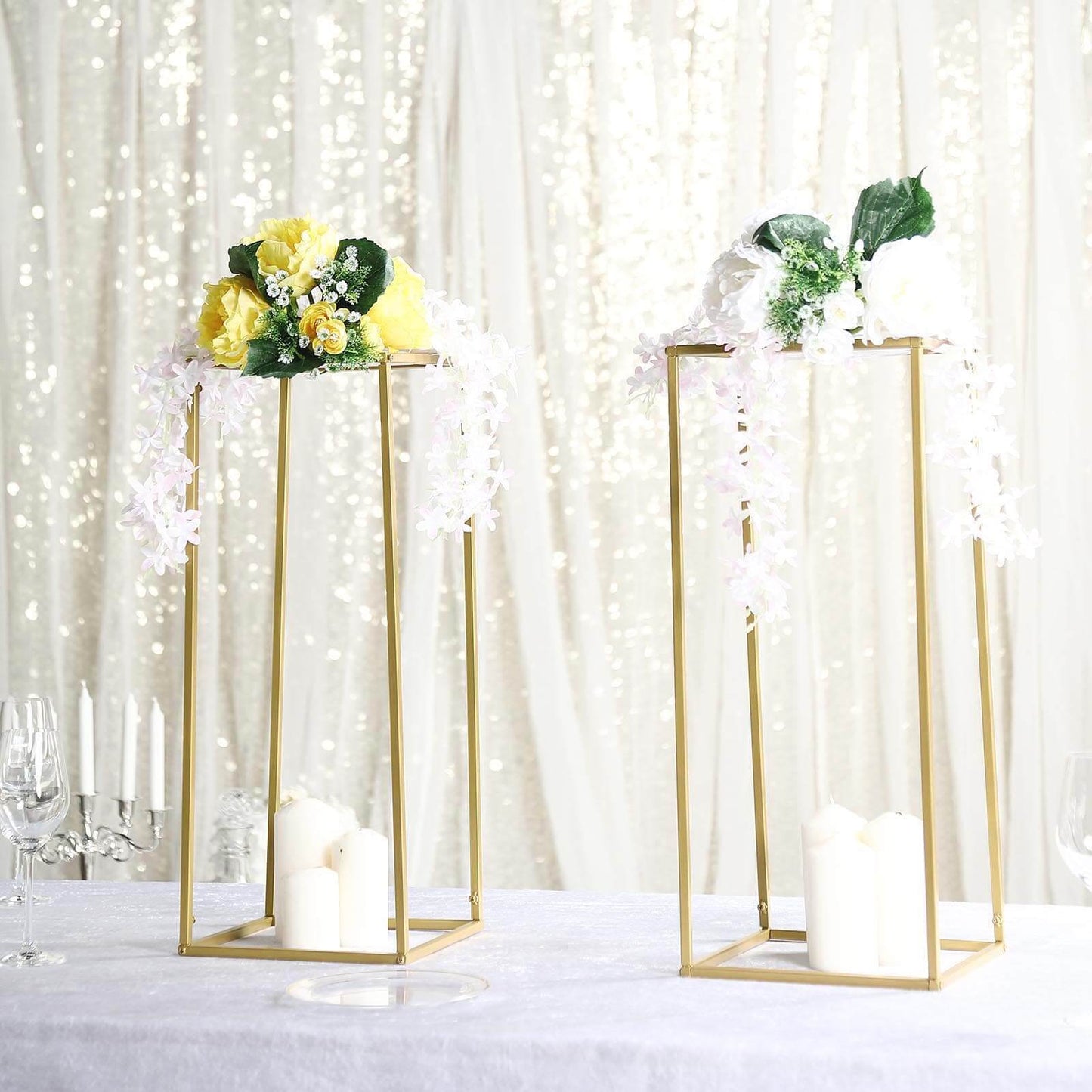 2 - Pack Wedding Flower Stand Gold Metal Geometric Column Frame Rectangular - Versatile Floral Pedestal for Sophisticated Arrangements 24" - Linen Luxes