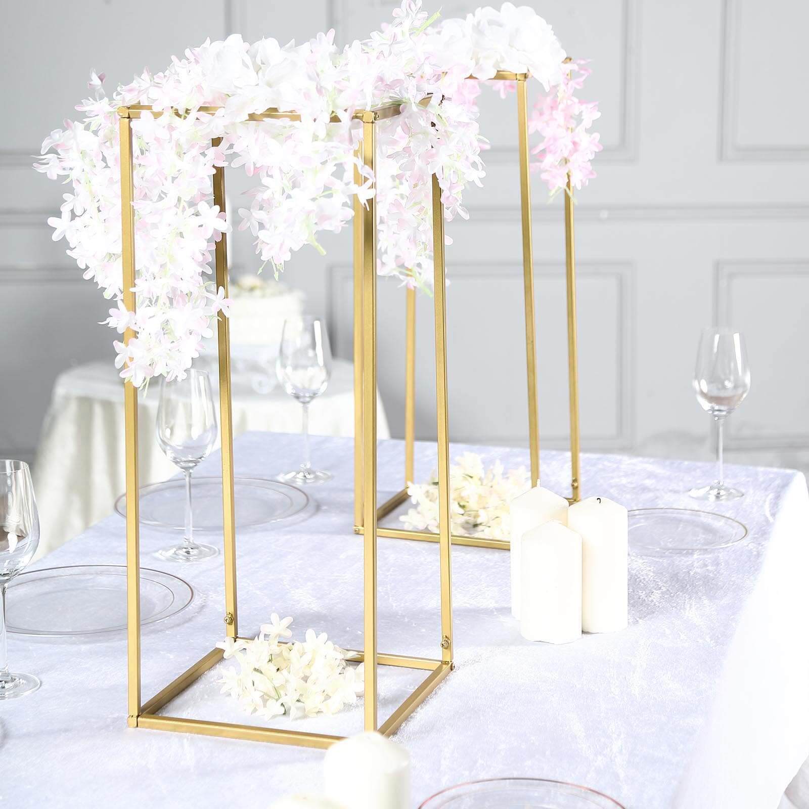 2 - Pack Wedding Flower Stand Gold Metal Geometric Column Frame Rectangular - Versatile Floral Pedestal for Sophisticated Arrangements 24" - Linen Luxes