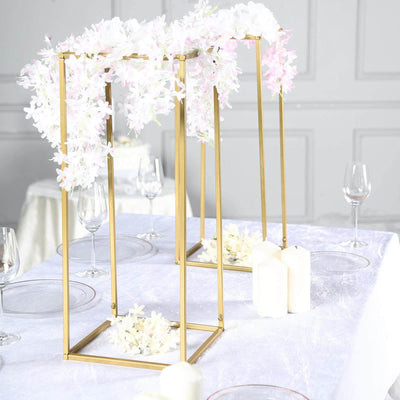 2 - Pack Wedding Flower Stand Gold Metal Geometric Column Frame Rectangular - Versatile Floral Pedestal for Sophisticated Arrangements 24" - Linen Luxes