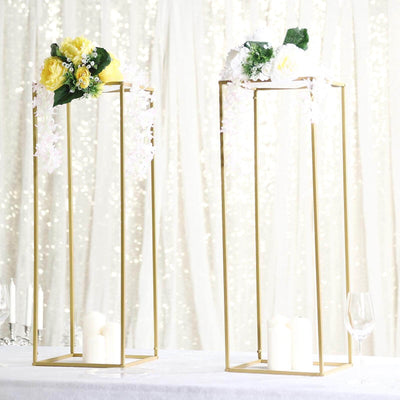 2 - Pack Wedding Flower Stand Gold Metal Geometric Column Frame Rectangular - Versatile Floral Pedestal for Sophisticated Arrangements 32" - Linen Luxes