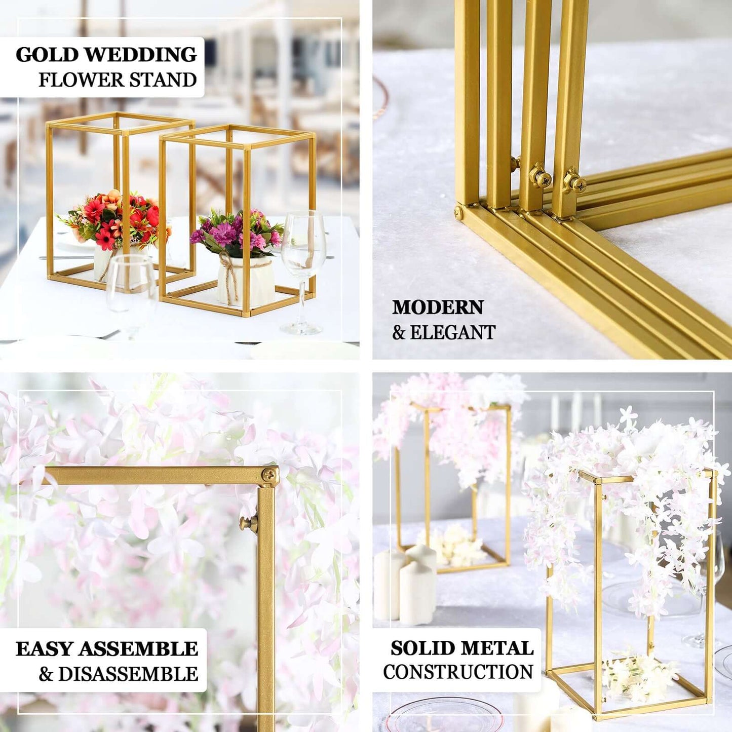 2 - Pack Wedding Flower Stand Gold Metal Geometric Column Frame Rectangular - Versatile Floral Pedestal for Sophisticated Arrangements 40" - Linen Luxes