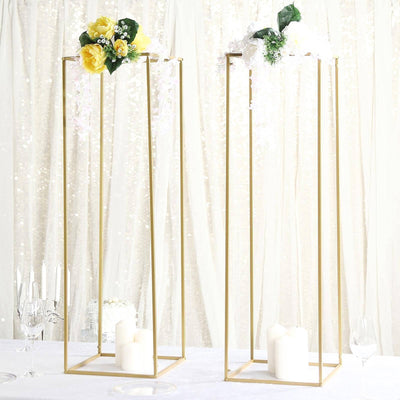 2 - Pack Wedding Flower Stand Gold Metal Geometric Column Frame Rectangular - Versatile Floral Pedestal for Sophisticated Arrangements 40" - Linen Luxes