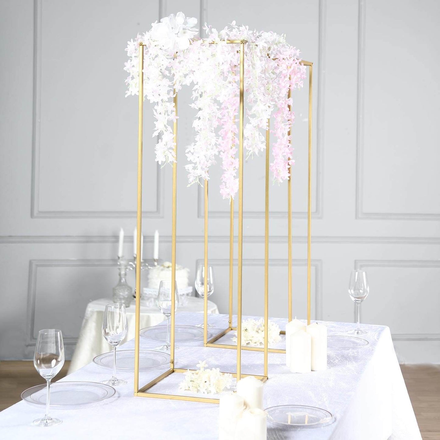 2 - Pack Wedding Flower Stand Gold Metal Geometric Column Frame Rectangular - Versatile Floral Pedestal for Sophisticated Arrangements 40" - Linen Luxes
