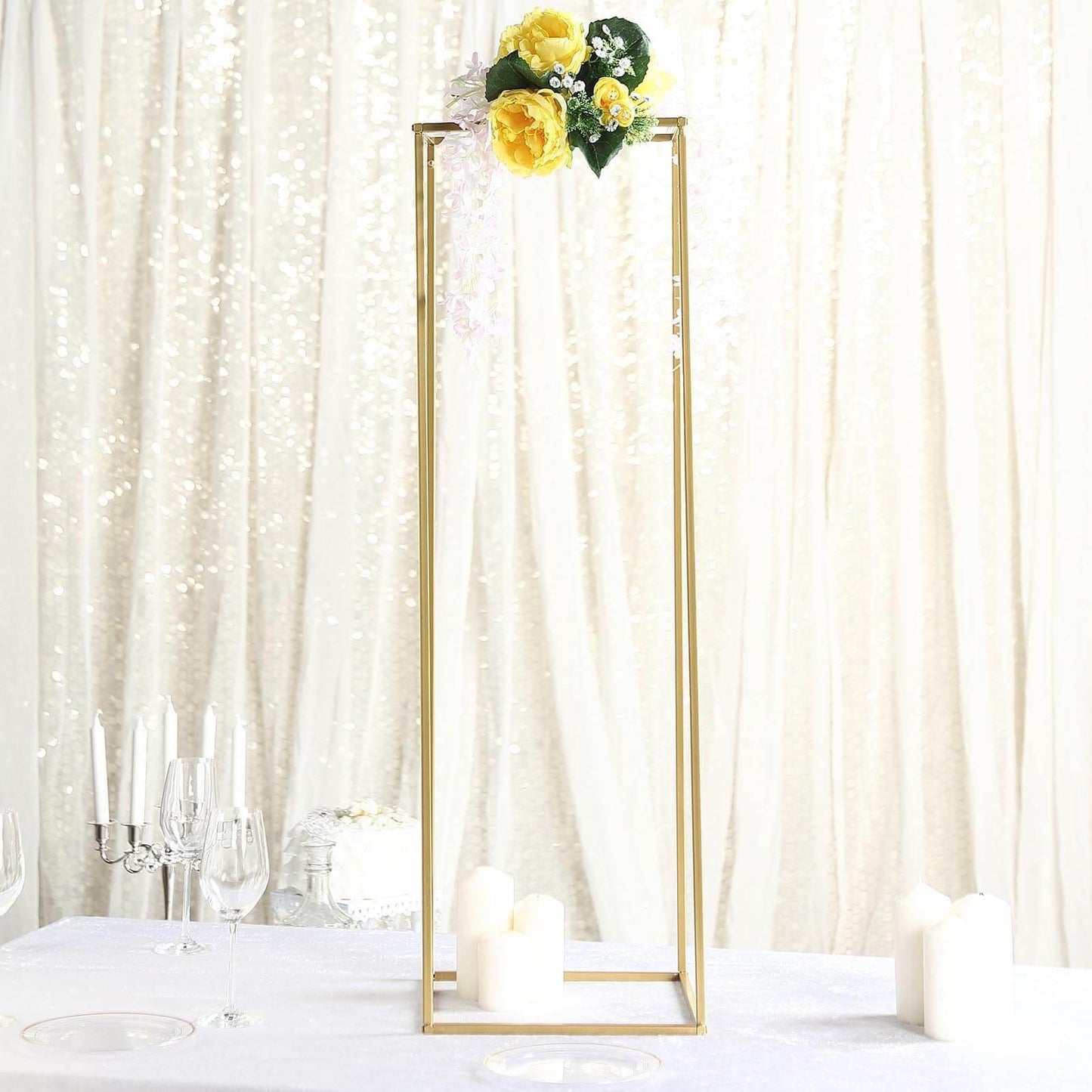 2 - Pack Wedding Flower Stand Gold Metal Geometric Column Frame Rectangular - Versatile Floral Pedestal for Sophisticated Arrangements 40" - Linen Luxes
