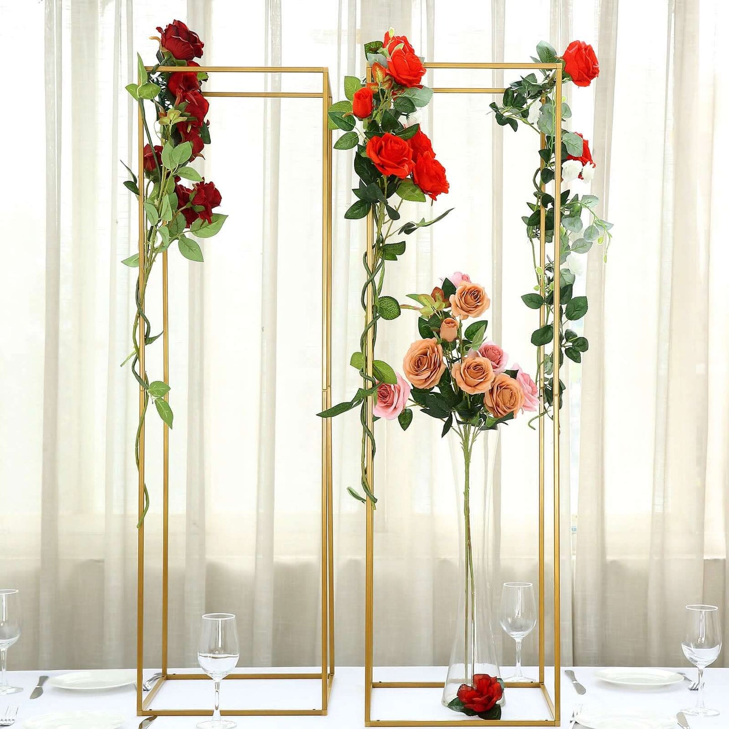 2 - Pack Wedding Flower Stand Gold Metal Geometric Column Frame Rectangular - Versatile Floral Pedestal for Upscale Arrangements 48" - Linen Luxes