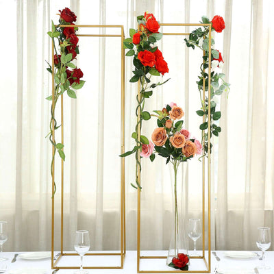 2 - Pack Wedding Flower Stand Gold Metal Geometric Column Frame Rectangular - Versatile Floral Pedestal for Upscale Arrangements 48" - Linen Luxes